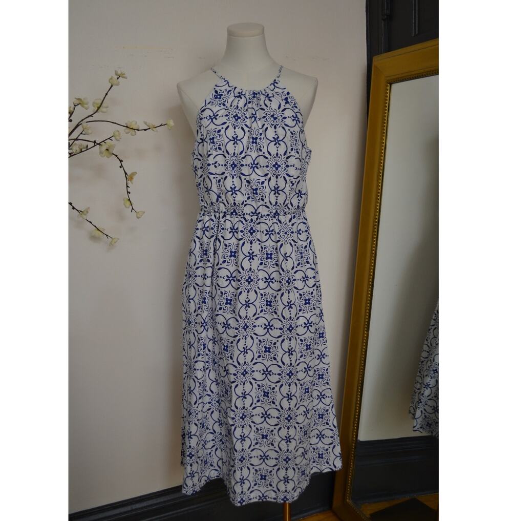 Blue and White Patterned 100% Cotton J. Crew Halter Neckline Midi/Maxi Dress